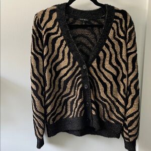 TRIBAL Black and Tan Zebra-Print V-Neck Cardigan